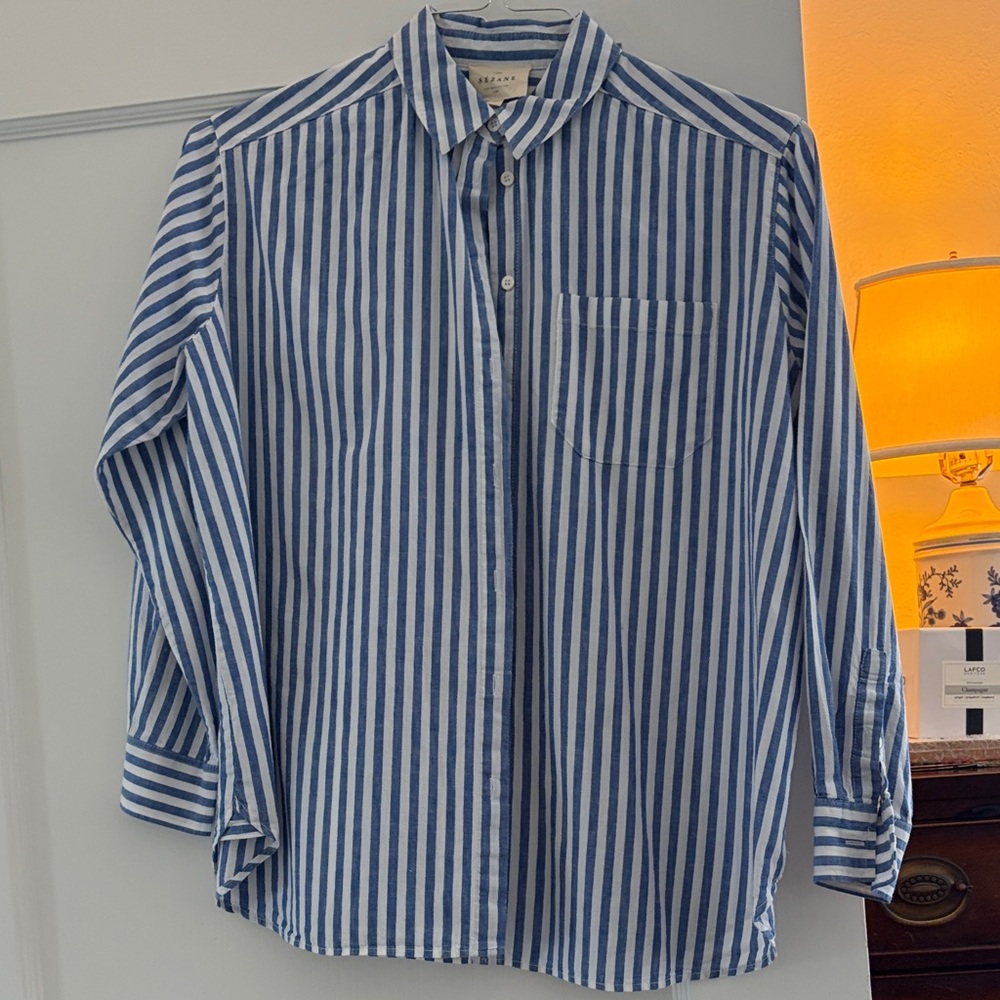 Sezane Blue and White Striped Button Down Shirt- chemise max